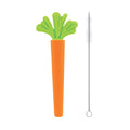 The Silicone Carrot Tube Teether, in orange and green with a textured grip, doubles as a baby straw and is shown next to a slim cleaning brush featuring white bristles and a looped metal handle.