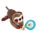 Snuggleez Pacifier and Clip Combo Set features a plush sloth toy lying down, holding a blue natural FLEX pacifier attached to its arm for soothing baby’s gums; perfect for infants aged 0-6 months.