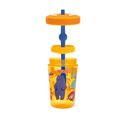 The Nuby Thirsty Kids Super Sipper Straw Cup in Aqua & Orange features fun cartoon animals, a spill-proof design, and comes with a blue and orange straw and lid—perfect for toddlers who want a playful, mess-free drink.