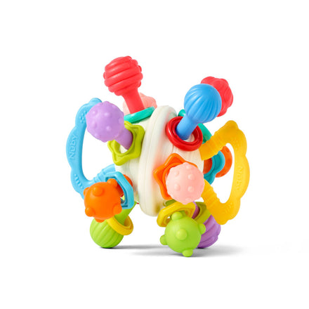 The Twist Ball Teether features textured shapes and rings in six bright colors connected to a white hub, offering sensory play and soothing relief for teething.