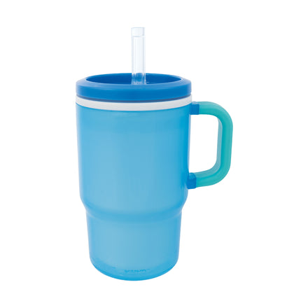 The Insulated Tiny Tumbler in Electric Blue is a large, translucent blue plastic insulated cup for toddlers featuring a matching handle with a turquoise accent, blue lid, and clear silicone straw. The no-spill tumbler is displayed against a plain white background.