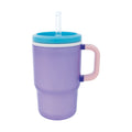 The Insulated Tiny Tumbler in Lavender is a large, translucent purple plastic toddler tumbler featuring a blue lid, pink and purple handle, and a clear silicone straw, shown against a white background.