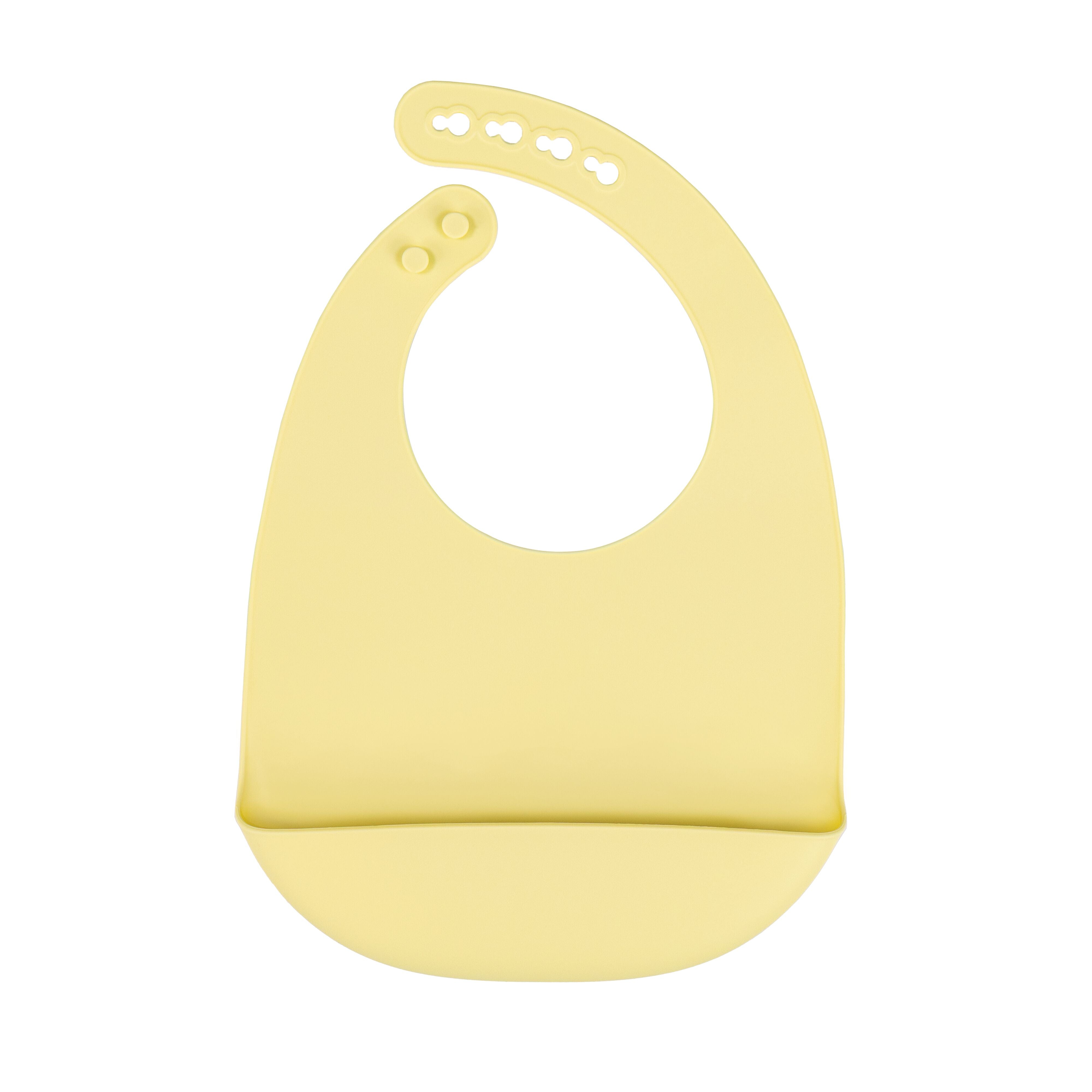 A yellow Silicone Feeding Bib from the 3 Pack (Yellow/Green/Blue) set is displayed flat on a white background. This waterproof baby bib features an adjustable neck strap and a deep bottom pocket that serves as a crumb catcher.