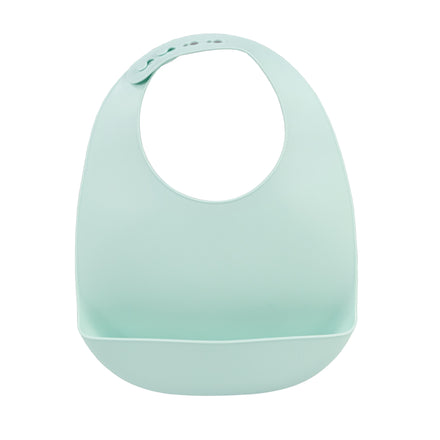 A light blue Silicone Feeding Bib from the 3 Pack (Yellow/Green/Blue), made of waterproof silicone and featuring an adjustable neck strap as well as a wide bottom pocket that serves as a convenient crumb catcher.