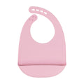 An aqua, purple, and pink set of Silicone Feeding Bibs (3 Pack), each featuring an adjustable neck strap and a crumb-catching pocket at the bottom, displayed on a white background.