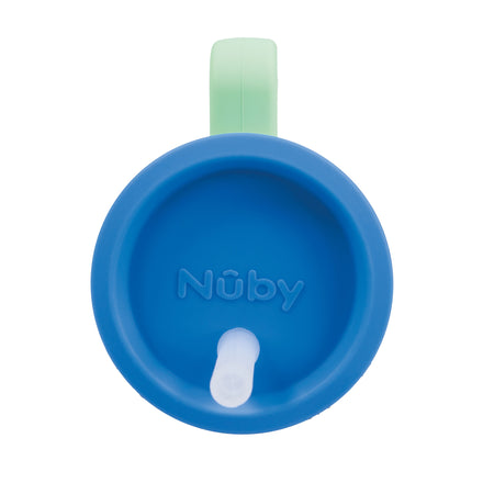 Top view of the Silicone Tiny Tumbler | Melon featuring a blue spill-proof lid with a built-in straw, a green handle, and the word Nûby embossed on the lid.