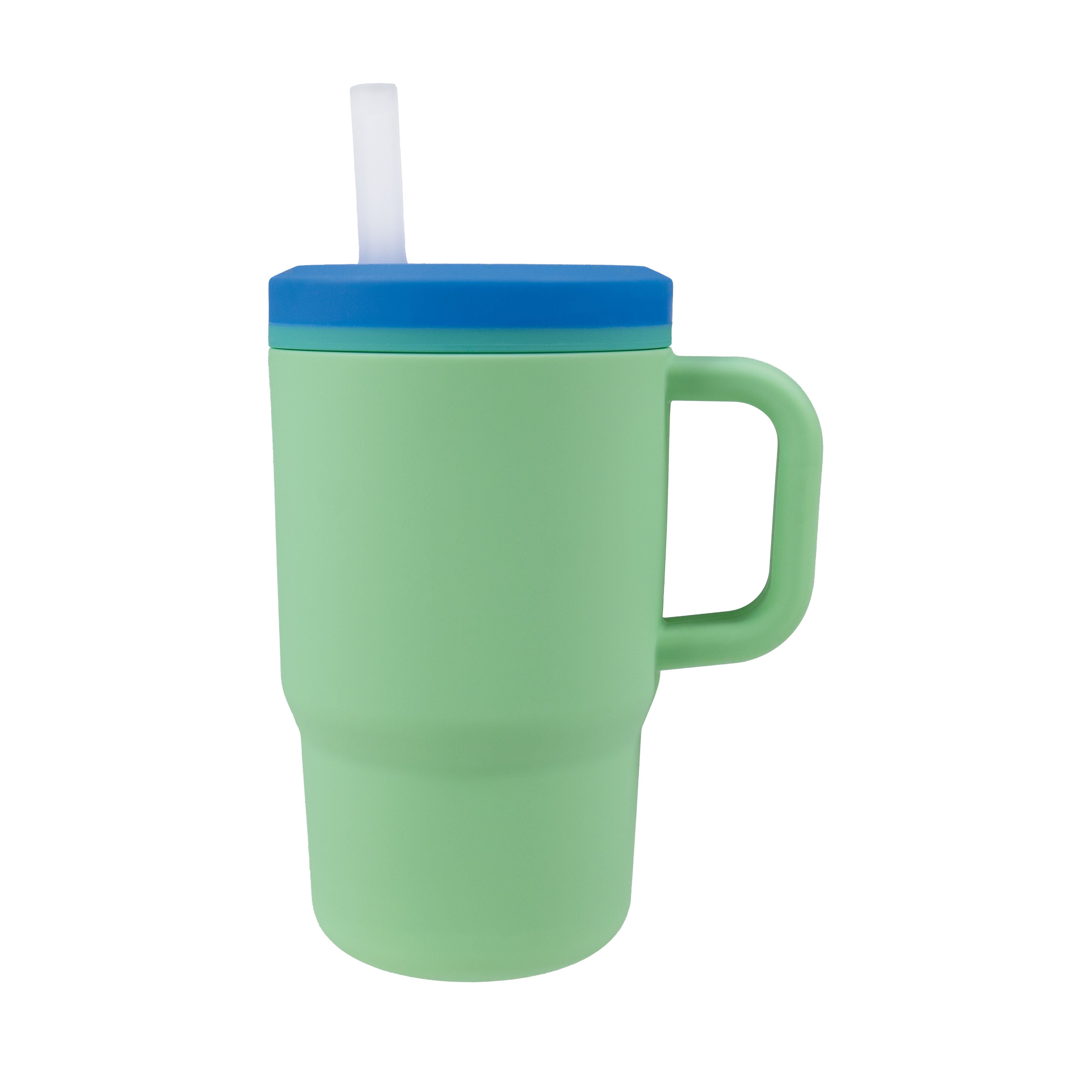 A melon green Silicone Tiny Tumbler featuring a spill-proof design, large handle, blue lid, and white straw, shown isolated on a white background.
