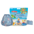 A pack of Nuby Swim Diapers (5 Pack) | Large shows a child playing in sand, with one diaper standing upright and another folded beside the package.