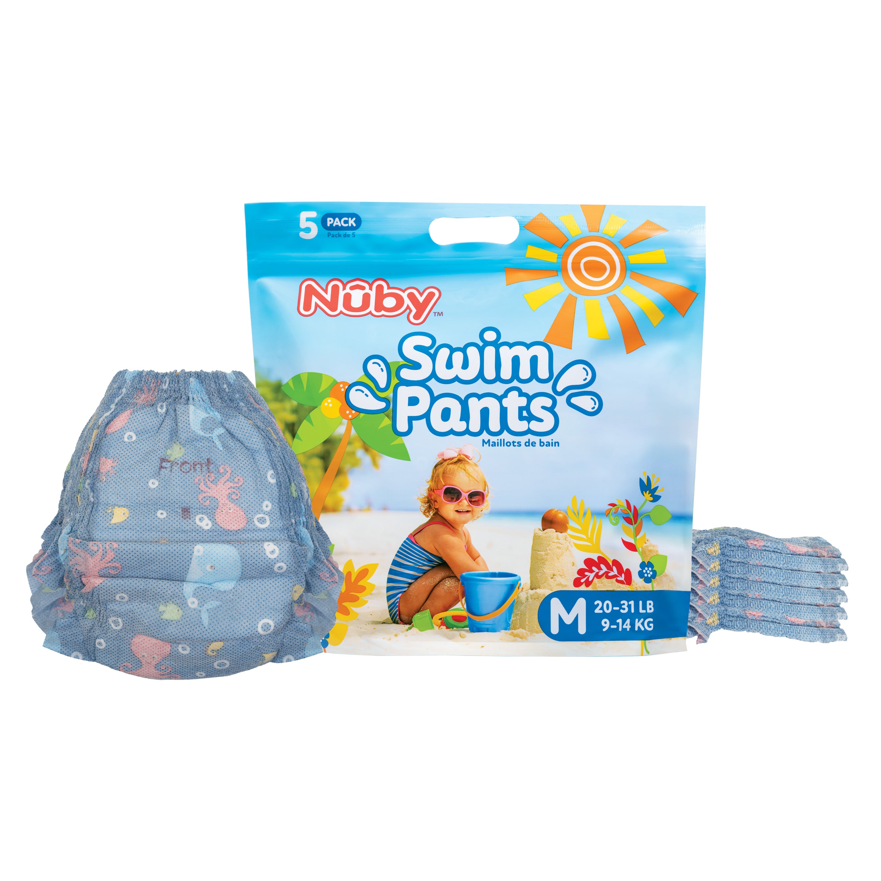 Nuby Swim Diapers (5 Pack), Medium (20-31 lb), pictured with a baby on a beach and one upright diaper beside folded ones, offer comfortable, water-resistant protection for little swimmers.