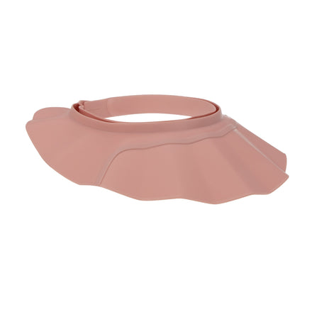 The Nuby Baby Bath Hat is a pink, flexible, waterproof hat with a wide ruffled brim and adjustable strap, designed to keep water out of your baby's face and eyes for a tear-free bathing experience.