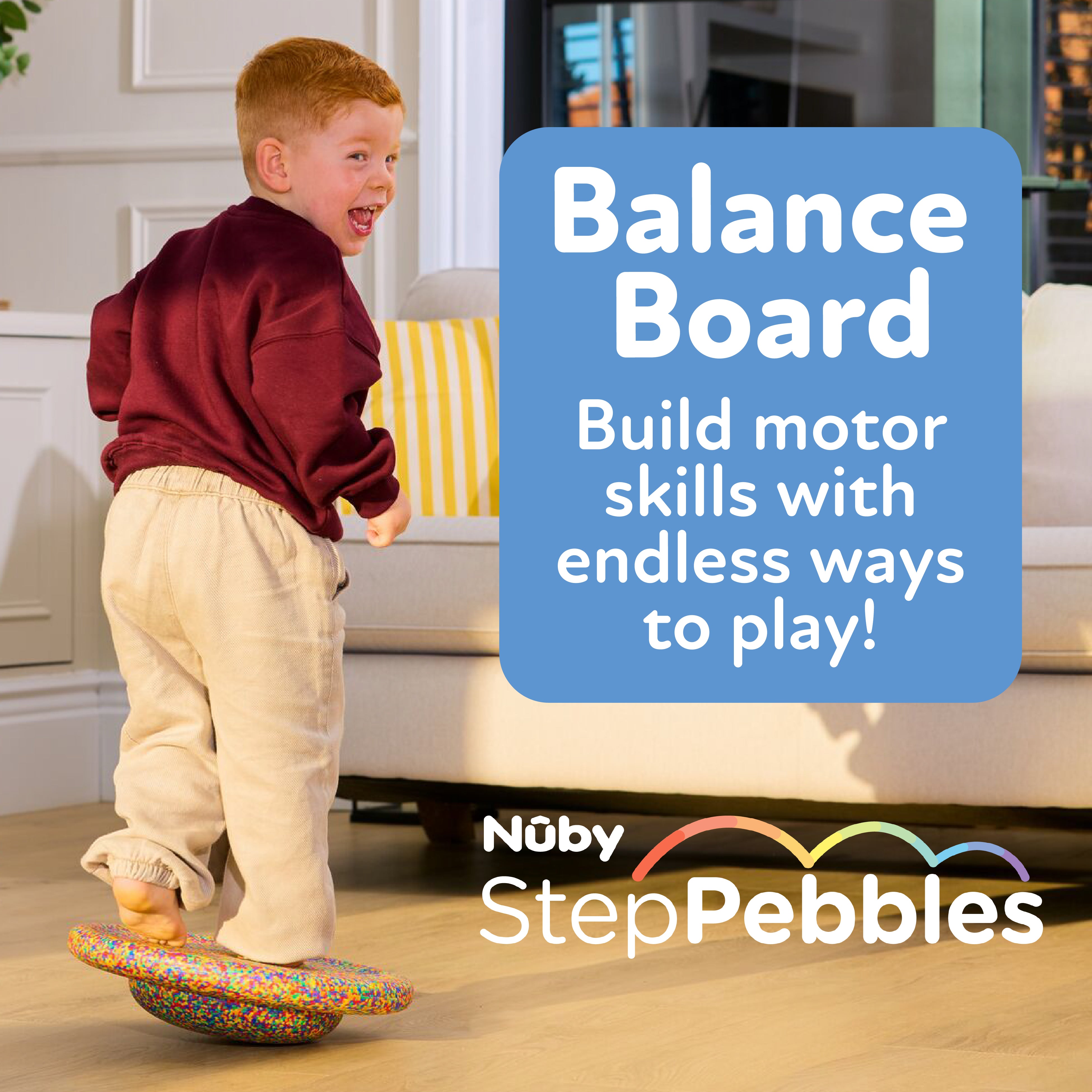 A smiling child balances on colorful foam stones in a living room. Text reads: “StepPebbles and FREE Balance Board | Pastel. Build motor skills with endless ways to play—perfect for indoor or outdoor fun!”.