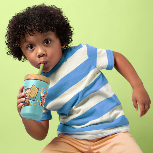 Boy drinking from a blue straw cup.