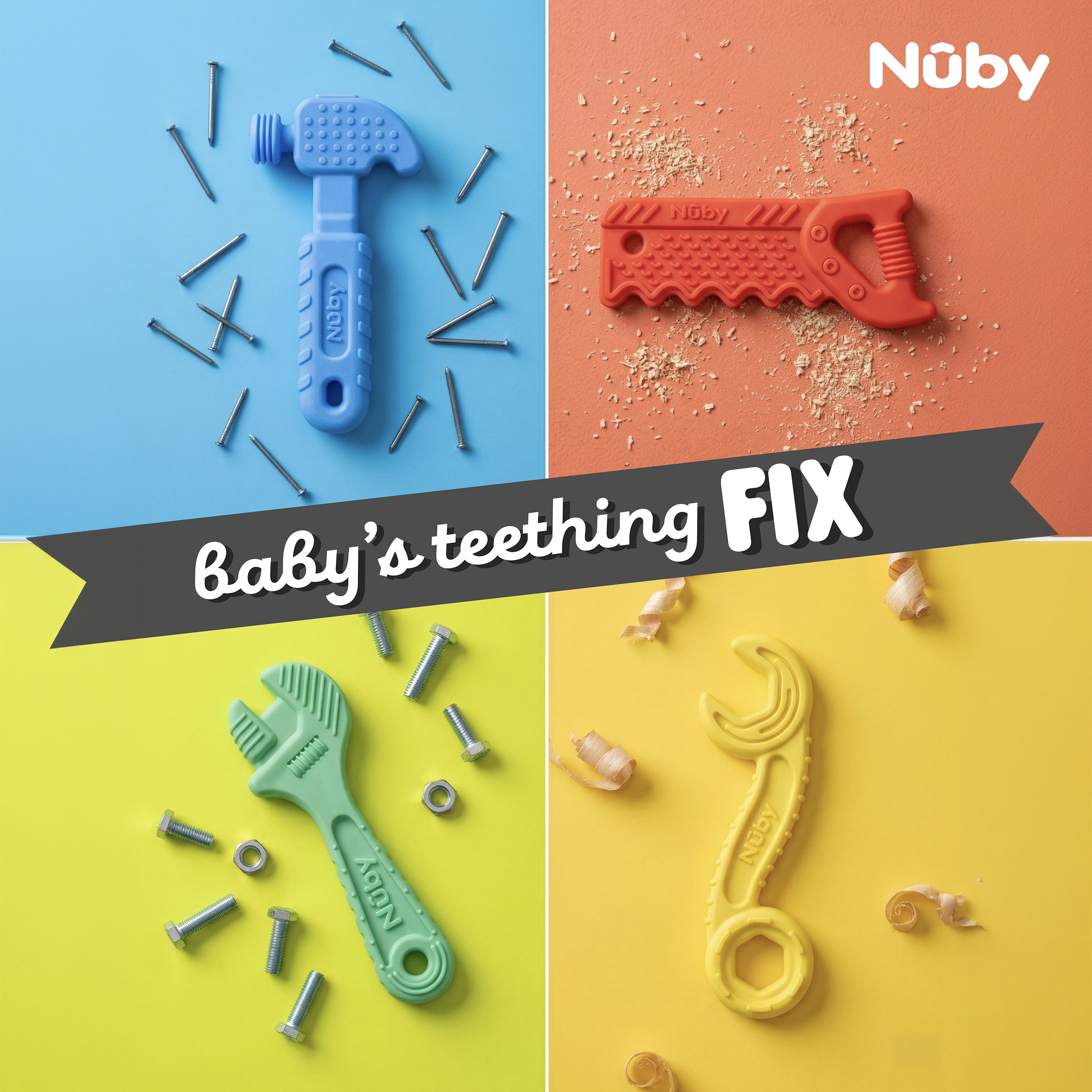 Four Tool Teethers (4 Pack) shaped like a blue hammer, red saw, green wrench, and yellow spanner are shown on bright backgrounds with screws or wood shavings. Text says “Baby’s teething FIX” and “Tool Teethers (4 Pack).”.