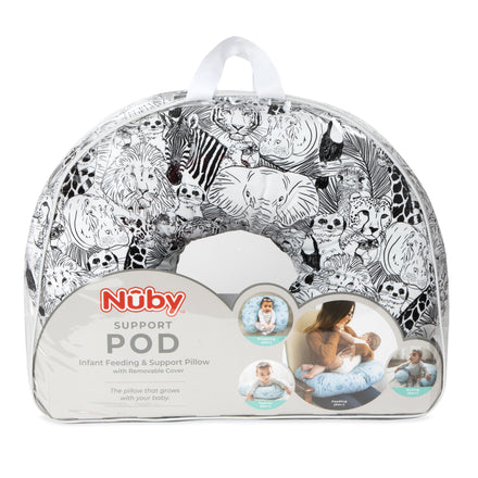 A Nuby Support Pod Feeding & Nursing Pillow with Cover, featuring a black-and-white animal print and packaged in a clear carrying case, displays multiple ways to use the pillow with a baby for feeding and support.