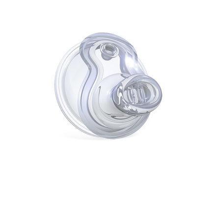 The Nuby Easy Grip Super Spout Replacement Spout (#1) (2 Pack) features a clear silicone design with a circular base and spill-proof valve, made for Super Spout cups, shown on a white background.