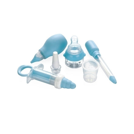 The Nuby Medical Kit includes a nasal aspirator, medicine dropper, oral dispenser, pacifier, measuring cup, and silicone feeder in blue and clear plastic, all neatly arranged on a white background.