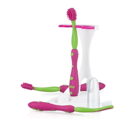 The Nuby 4-Stage Oral Care System includes colorful green and pink-handled baby toothbrushes, a clear finger brush, and a white stand for essential infant dental care, all displayed on a white surface.