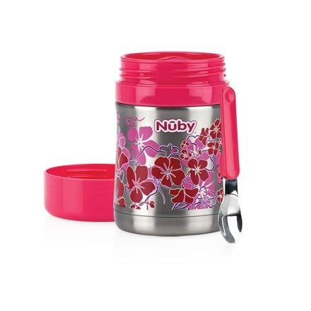 The Nuby Insulated Stainless Steel Thermos features a pink floral design, pink lid, and a foldable spoon attached to the side. It keeps food hot or cold for travel, with the lid shown removed and placed next to the jar.