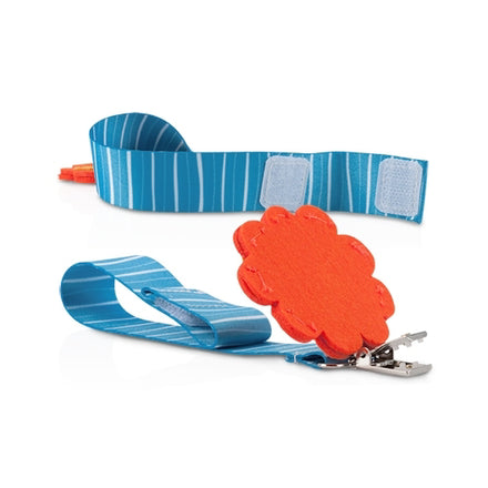 The Nuby Felt Pacifier Clip features a blue and white striped strap with Velcro ends, a metal clip, and an orange flower-shaped felt piece—perfect for securing your baby's pacifier.