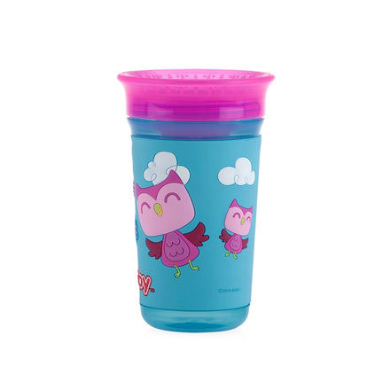The Nuby 360 Wonder Cup is a blue and pink children's sippy cup with a pink rim, featuring cartoon owls and clouds. Leak-resistant and ideal for transitioning from bottle to cup, it’s shown against a white background.