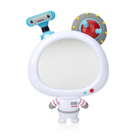 The Nuby Awesome Astronaut Mirror Bath Set features a toy robot with a round mirrored head, small arms, chest control panel, blue rectangular attachment, and red detail to engage kids’ fine motor skills during bath time play.