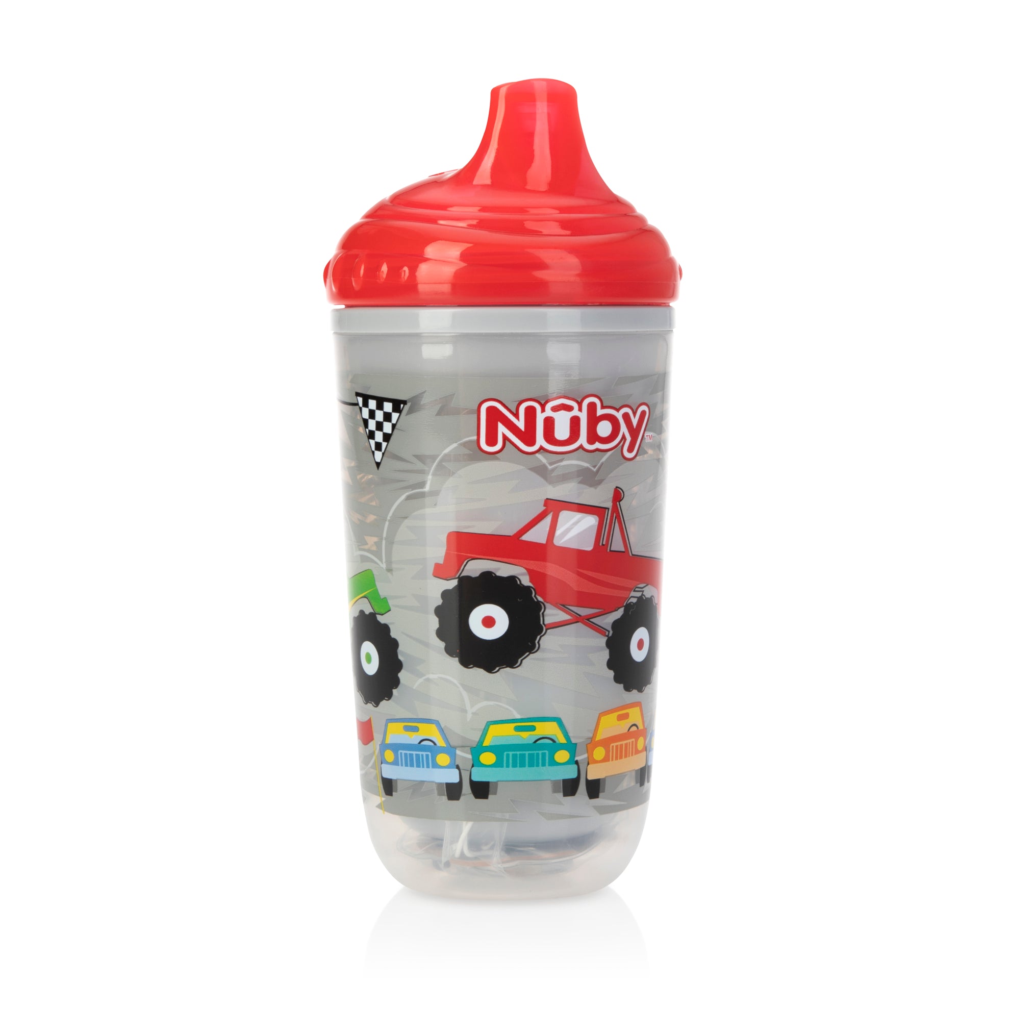 The Nuby Insulated Light-Up Easy Sip Cup features a red lid, No Spill bite-resistant spout, and fun monster truck designs with a checkered flag; its clear insulated body helps keep drinks cooler for longer.