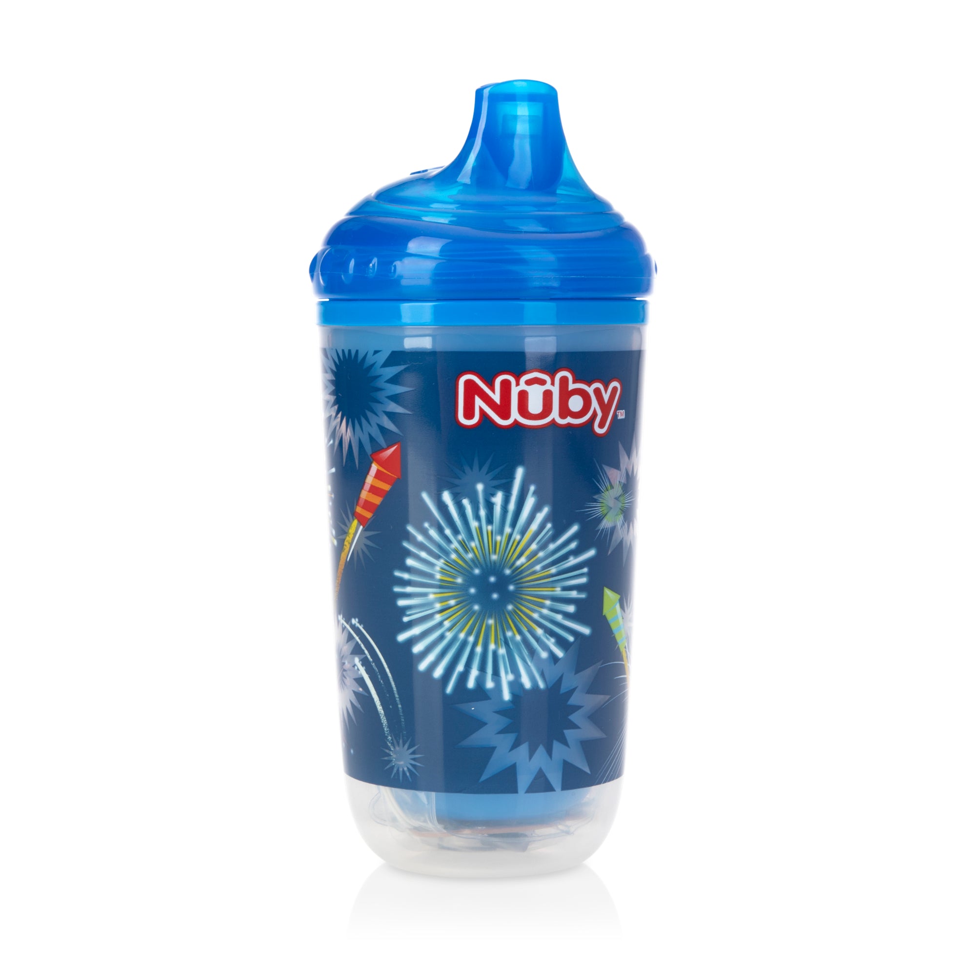 The Nuby Insulated Light-Up Easy Sip Cup is blue with a fireworks and rocket pattern, featuring a No Spill, bite-resistant spout that keeps drinks cool and mess-free.
