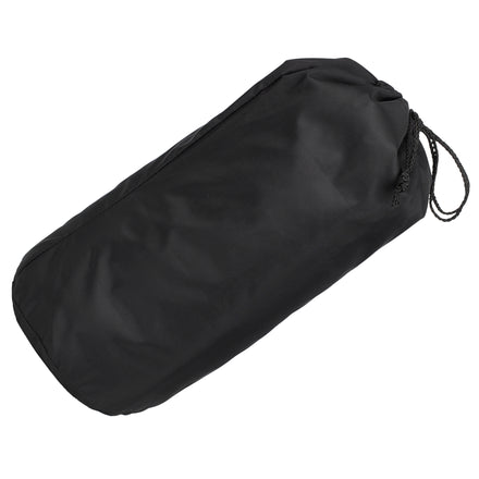 A black drawstring bag from Nuby lies on its side against a white background. The smooth fabric suggests quality, making it perfect for storing the Deluxe Stroller Weather Shield. The drawstring closure is visible at one end.