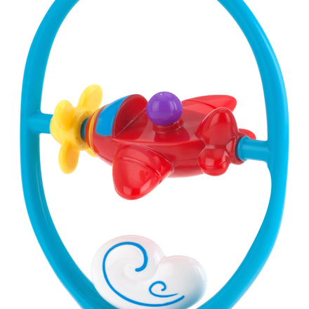 The Nuby Whirly Wings is a colorful interactive baby toy featuring a red airplane with a yellow propeller and purple top, attached to a blue oval frame with a white cloud—ideal for sensory development.