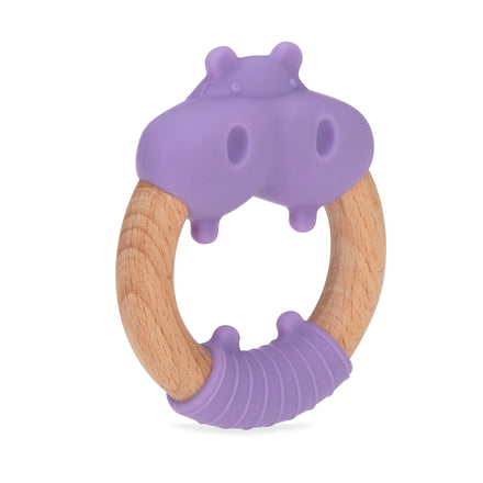 The Nuby Wood and Silicone Natural Teether Loop features a wooden handle and a purple silicone hippopotamus head with a textured grip, offering soothing relief for teething babies.