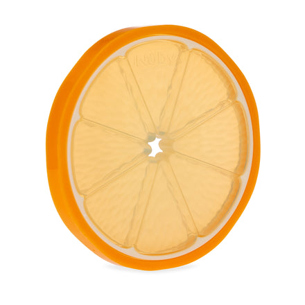 The Nuby Orange Slice Silicone Teether is a round, orange, translucent teether shaped like an eight-segment citrus fruit slice with a small center hole and the Nuby brand name embossed on its surface.