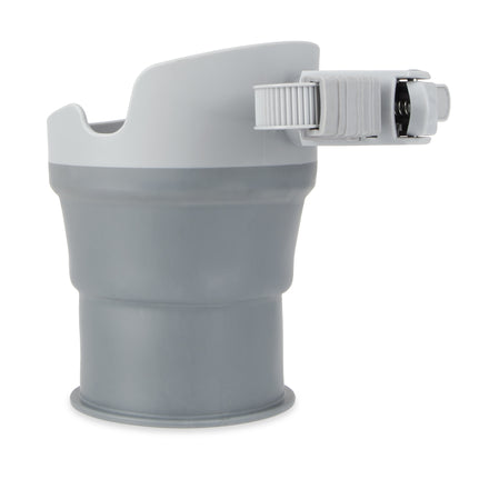 The Nuby Collapsible Stroller Cup Holder is a gray and white silicone holder with a clamp attachment, designed for secure mounting on stroller or wheelchair armrests.