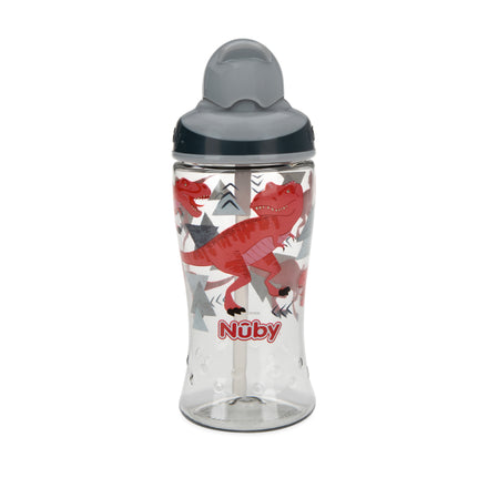 A clear Nuby Thirsty Kids BOOST Flex Straw Water Bottle with a gray lid and silicone straw, featuring red cartoon dinosaurs and gray geometric shapes.