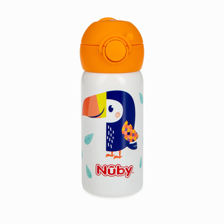 The Nuby Thirsty Kids ACTIVE Stainless Steel Canteen features a playful cartoon toucan with blue leaves, an orange lid, and a leak-proof design—perfect for kids on the go.