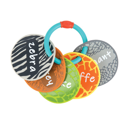 The Nuby Silicone Flash Cards & Interactive Teether features five animal-themed silicone rings—zebra, elephant, monkey, snake, and giraffe—linked by a teal ring to promote interactive learning and sensory stimulation for babies.