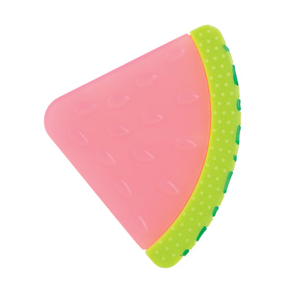 The Nuby Watermelon Slice Silicone Teether features a triangular pink and green design with textured and dotted edges, making it perfect for soothing babies.