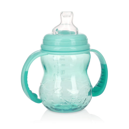 The Nuby Bottle-to-Cup Wide Neck Bottle is a translucent turquoise baby sippy cup with dual handles and a no-spill silicone spout, designed for easy toddler gripping.