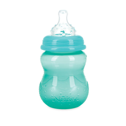 The Nuby Non-Drip Wide Neck 8 oz Baby Bottle (3 Pack) features a blue-green, textured, curved body with a wide neck, clear silicone nipple, secure screw-on lid, and anti-colic valves for comfortable, easy feeding.