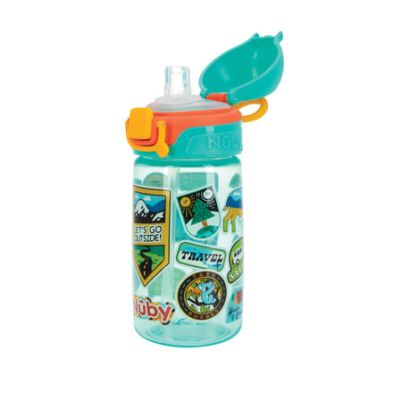 The Nuby US Thirsty Kids BOLT Water Bottle | Travel Stickers is a teal kids' bottle with colorful travel and nature-themed stickers, featuring a flip-top lid and built-in straw for easy sipping.