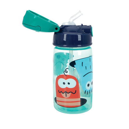 Nuby's Flip-It Active Soft Straw Canteen is a teal and navy kids' water bottle with a flip-open lid, a soft silicone straw, and cute cartoon monster faces—one orange with fangs, one blue with big eyes.