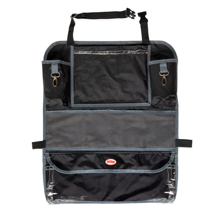 The Nuby Deluxe Back Seat Organizer in black and gray features multiple pockets, mesh compartments, and clear sections; it hangs from the back of a car seat for convenient travel storage.