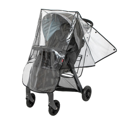 A black baby stroller with the Nuby Eco Stroller Weather Shield & Insect Netting Set, made from recycled materials, features a transparent, snug rain cover that fully encloses the seat and frame, with a partially open side flap.