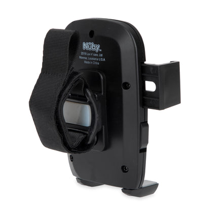 The Nuby Stroller Phone Holder is a durable black mount with a strap, adjustable clip, and two support tabs for securely attaching your phone to a stroller or car vent.