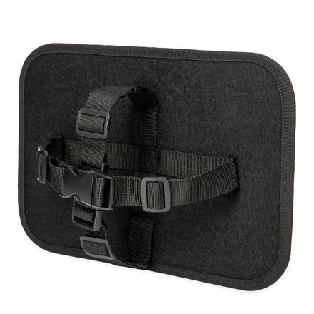 A rectangular black pad with adjustable straps and plastic buckles, designed for securing the Shatterproof Rear Facing Backseat Baby View Mirror to your vehicle’s headrest for easy installation and safety.