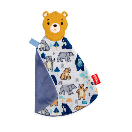 The Nuby Bear Teething Blankie is a soft sensory blanket with a yellow bear head teether and colorful bear, tree, and stump patterns, plus a blue corner and a red tag labeled Nuby.
