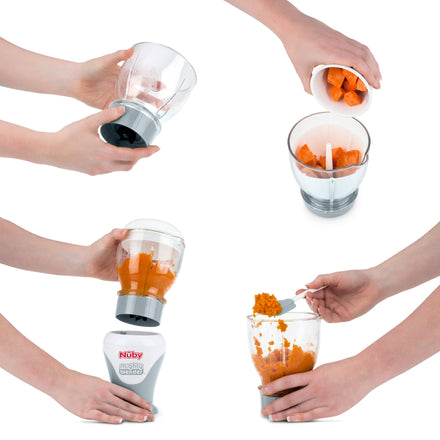 A step-by-step collage shows hands assembling the Nuby Mighty Blender 22-Piece Baby Food System, adding chopped carrots, blending them into puree, and scooping homemade baby food from the container.