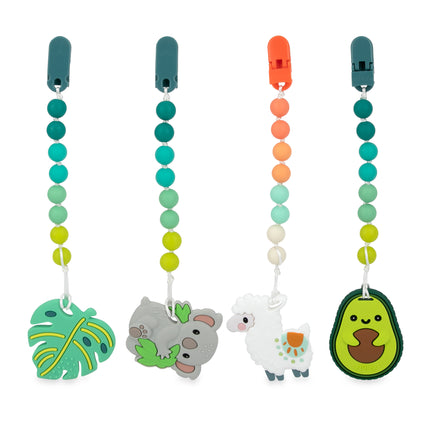 The Nuby Silicone Teether with Pacifier Clip in a cute gray koala design combines a beaded chain and soft silicone charm, offering soothing teething comfort for babies.