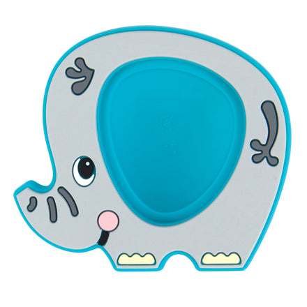 The Nuby Teethe N' Pop Sensory Play Teether | Elephant is a gray elephant-shaped children's plate with a blue inner section and cartoon features, doubling as a sensory teether to make mealtime soothing and fun for kids.