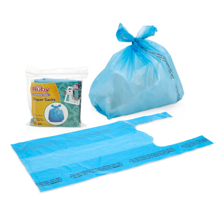 A package of Nuby Diaper Sacks (50 count), a tied blue sack, and an unfolded blue sack for dirty diaper disposal are displayed on a white background.