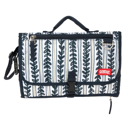 The Portable Diaper Changing Station is a rectangular navy and white leafy-patterned bag with top handle, side strap, front buckle, and red Nuby logo on the flap—ideal as a changing pad or diaper station on the go.